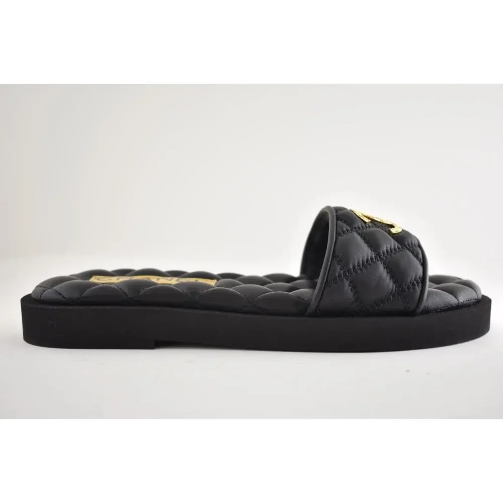 Chanel REV Black Quilted Leather Gold Logo Mule Slide Sandal Flip Flop Flat 35